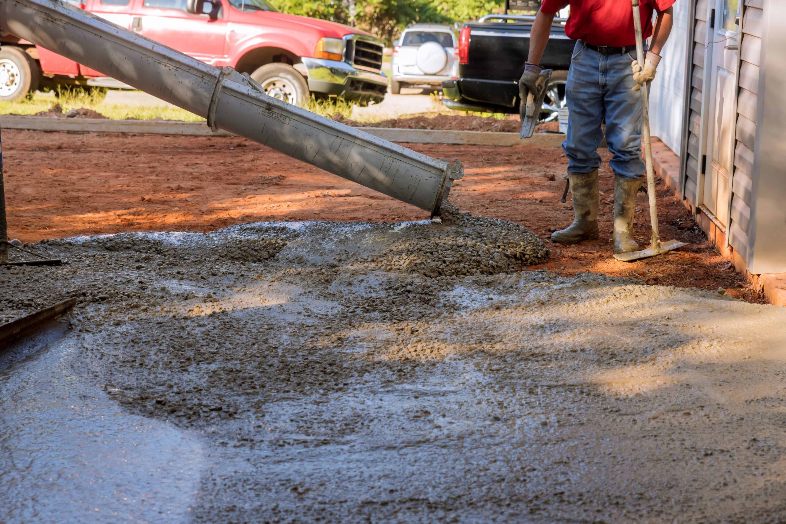 worker pouring wet concrete on ground
